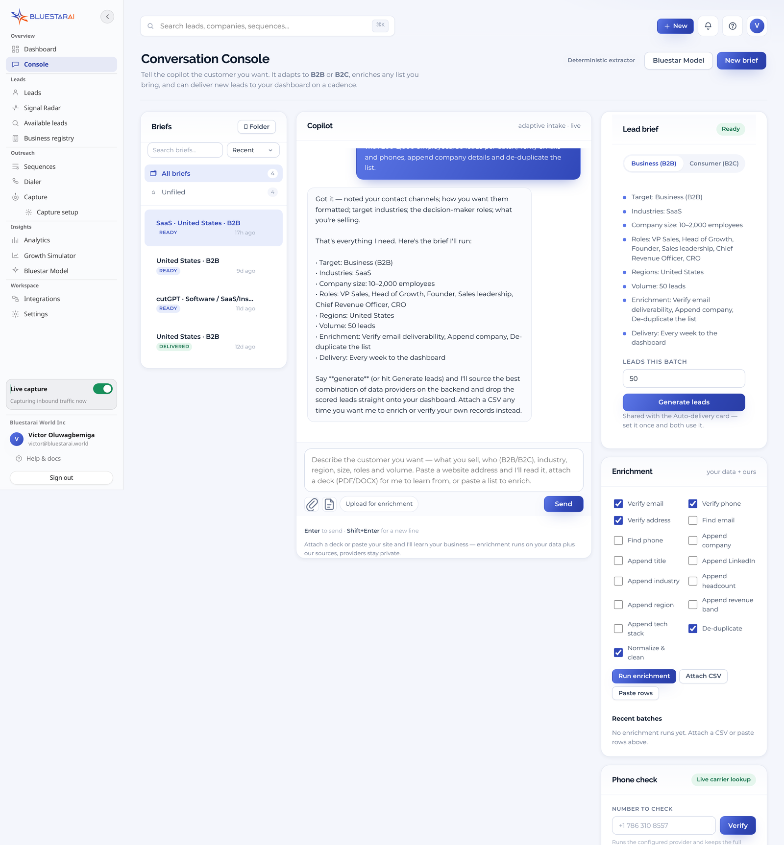 BluestarAI Conversation Console: an AI chat that builds a lead brief alongside the enrichment panel where emails, phone numbers and addresses are verified and company and title fields are appended to an uploaded list.
